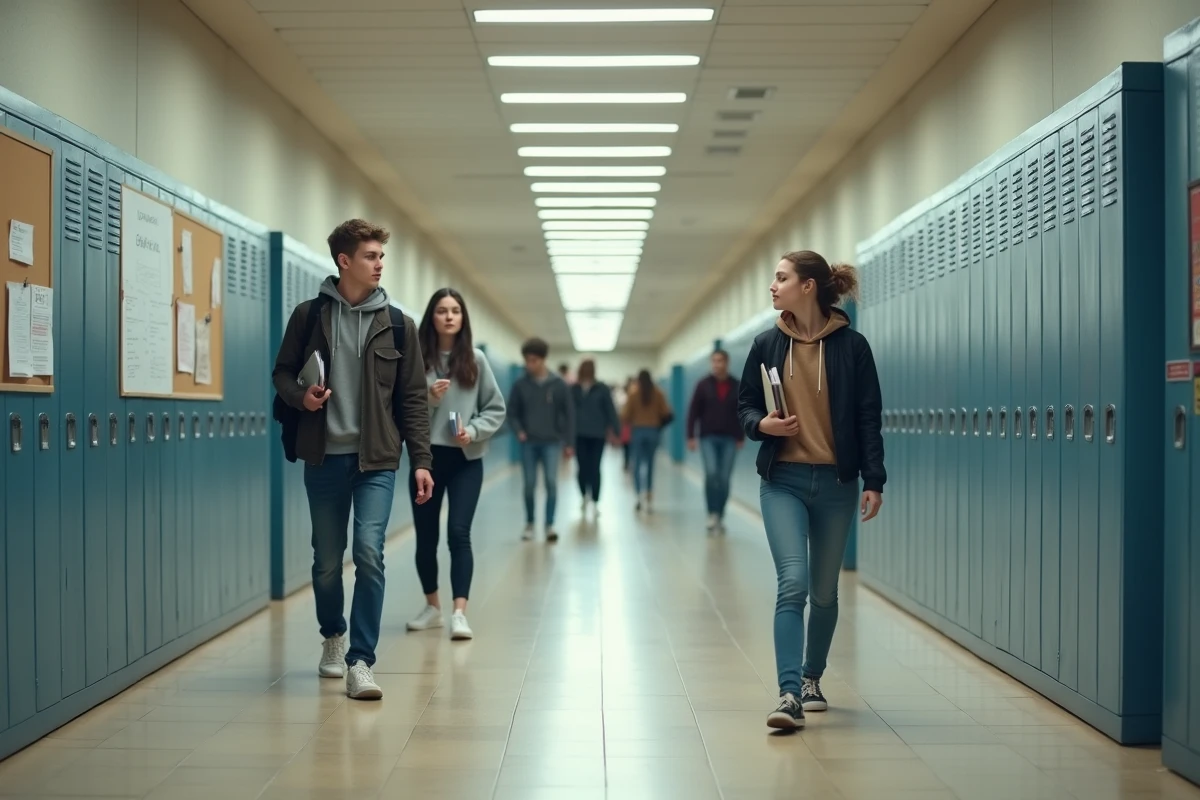 Couloir intérieur d'un grand lycée français avec des élèves marchant entre les casiers