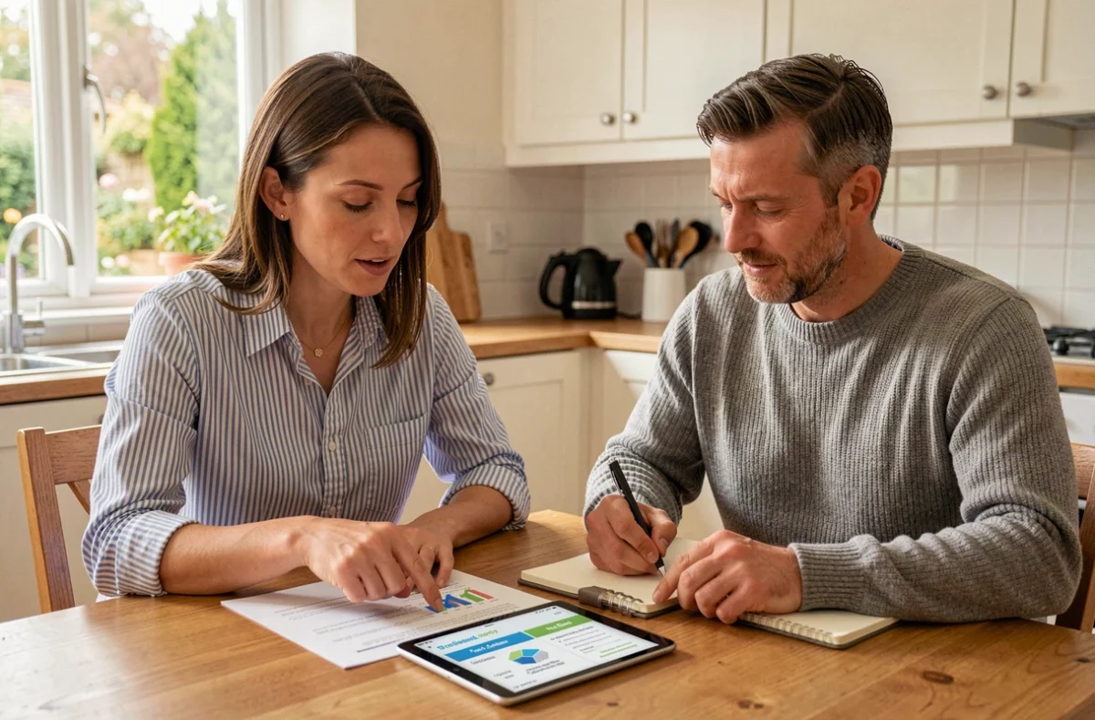 Couple qui planifie le financement d'une formation EcoleDesTravaux avec des aides 2026 à la maison