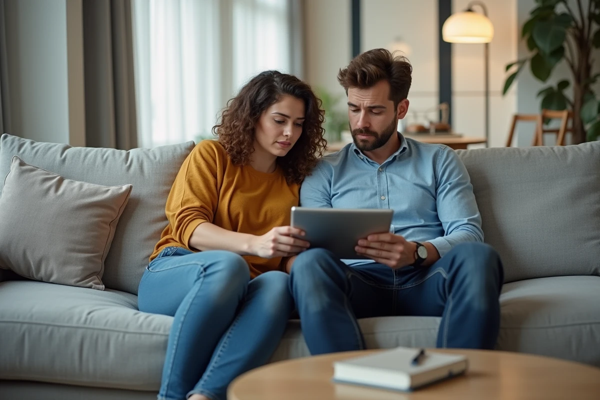 Couple analysant ensemble des tests de QI gratuits en ligne sur une tablette dans un salon moderne, air sceptique et curieux