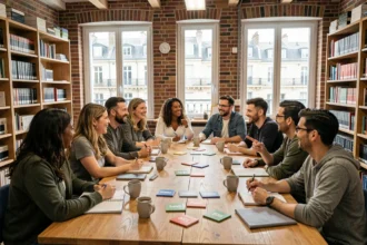 Groupe d'adultes apprenant l'anglais ensemble dans une école de langues moderne en Nouvelle-Aquitaine