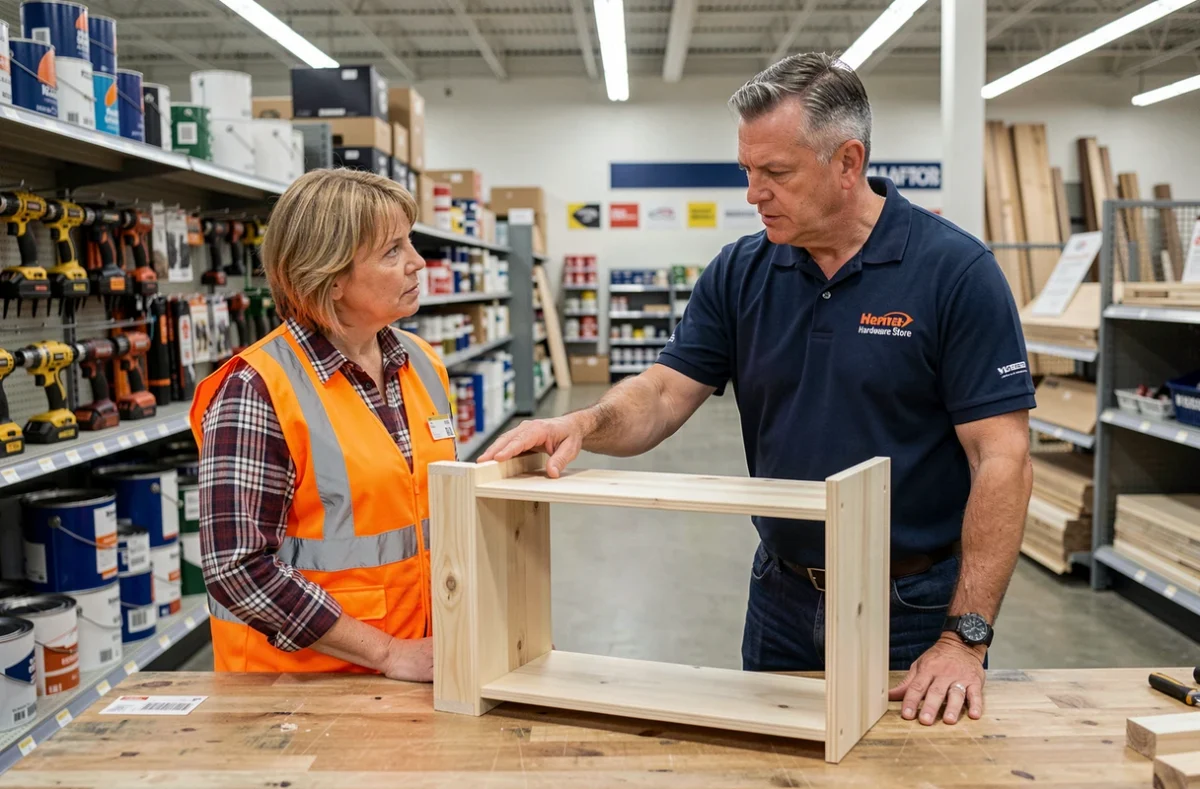 Cours de bricolage en magasin avec une femme adulte et un instructeur professionnel dans une grande surface de bricolage