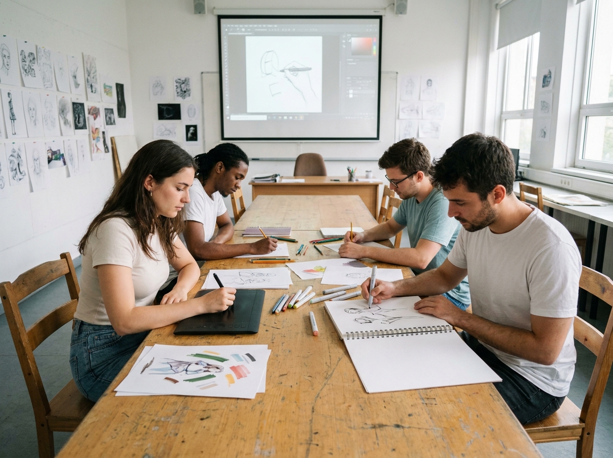 Groupe d'étudiants en illustration travaillant sur leurs projets artistiques dans une salle de cours d'une école d'art moderne