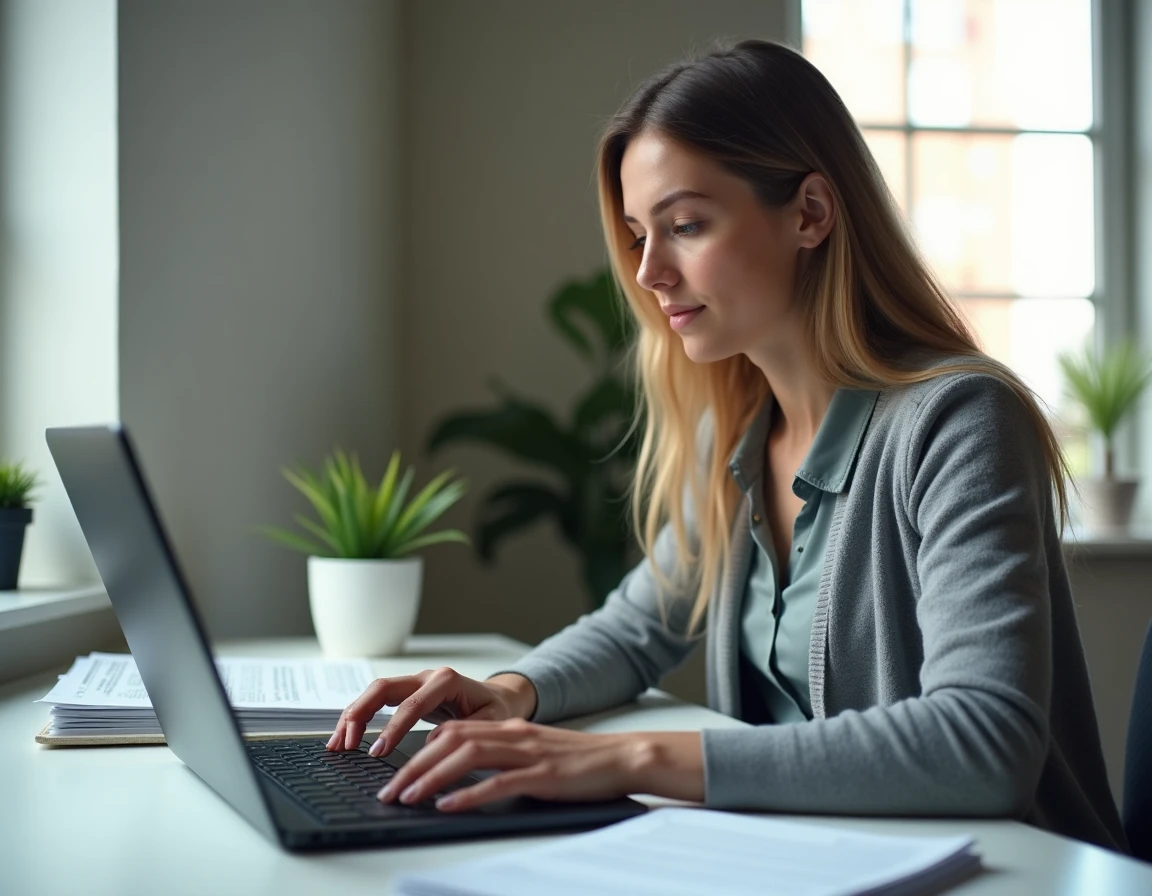 Assistante administrative révisant un modèle de signature professionnelle pour la messagerie académique depuis un bureau à domicile