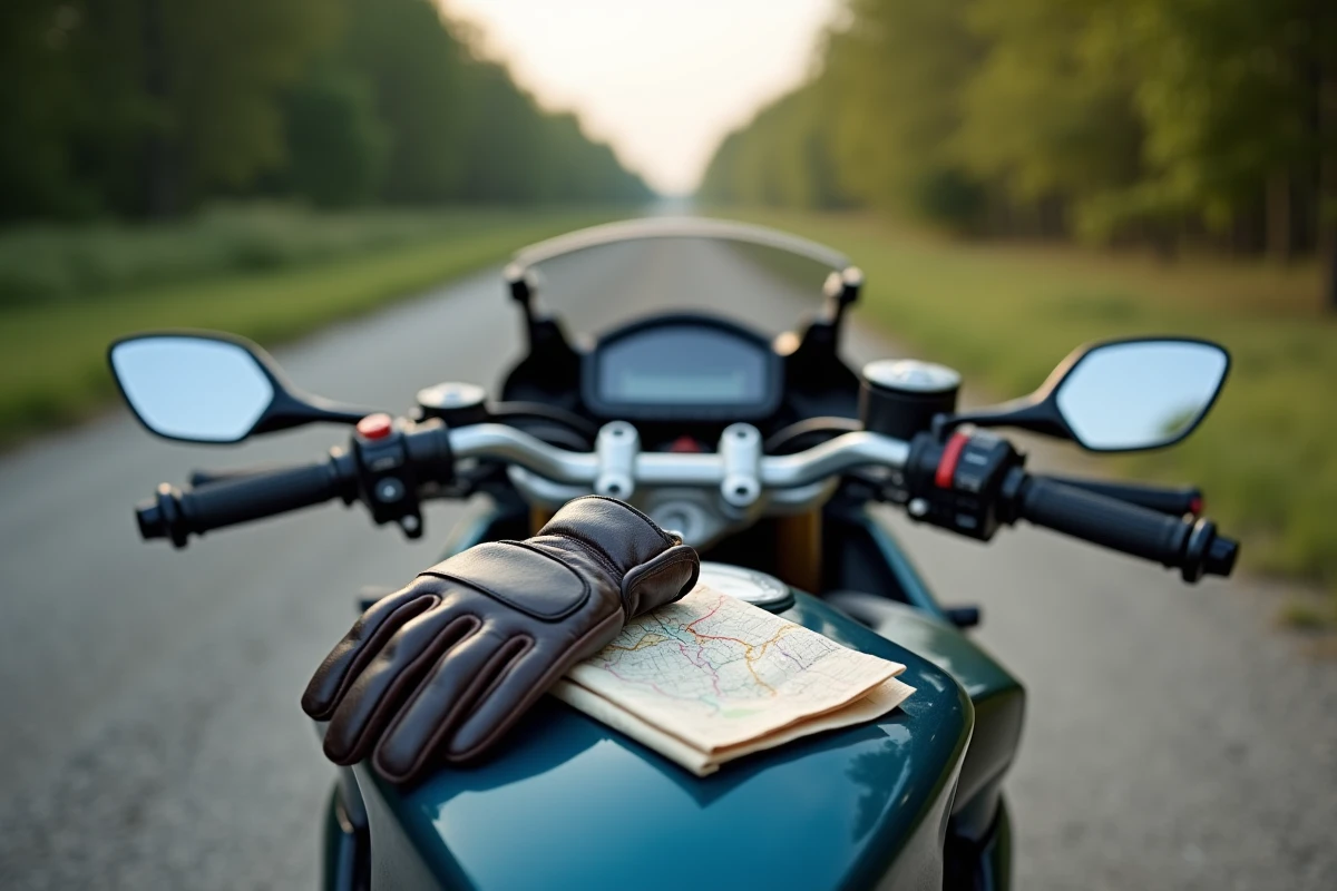 Tableau de bord et guidon d'une moto A2 avec gants et carte routière posés sur le réservoir en bord de route