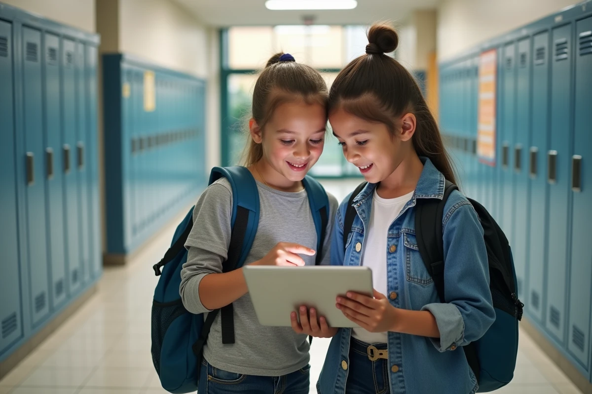 Deux élèves de sixième consultant le Cybercollège sur une tablette dans le couloir de leur collège