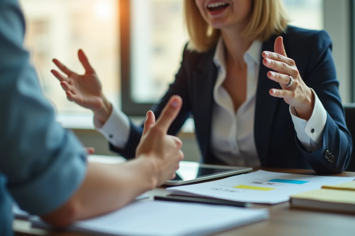 Jeune femme en discussion animée avec collègue dans un bureau lumineux