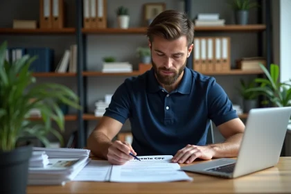 Homme consultant son dossier CPF sur ordinateur pour une certification professionnelle BTP