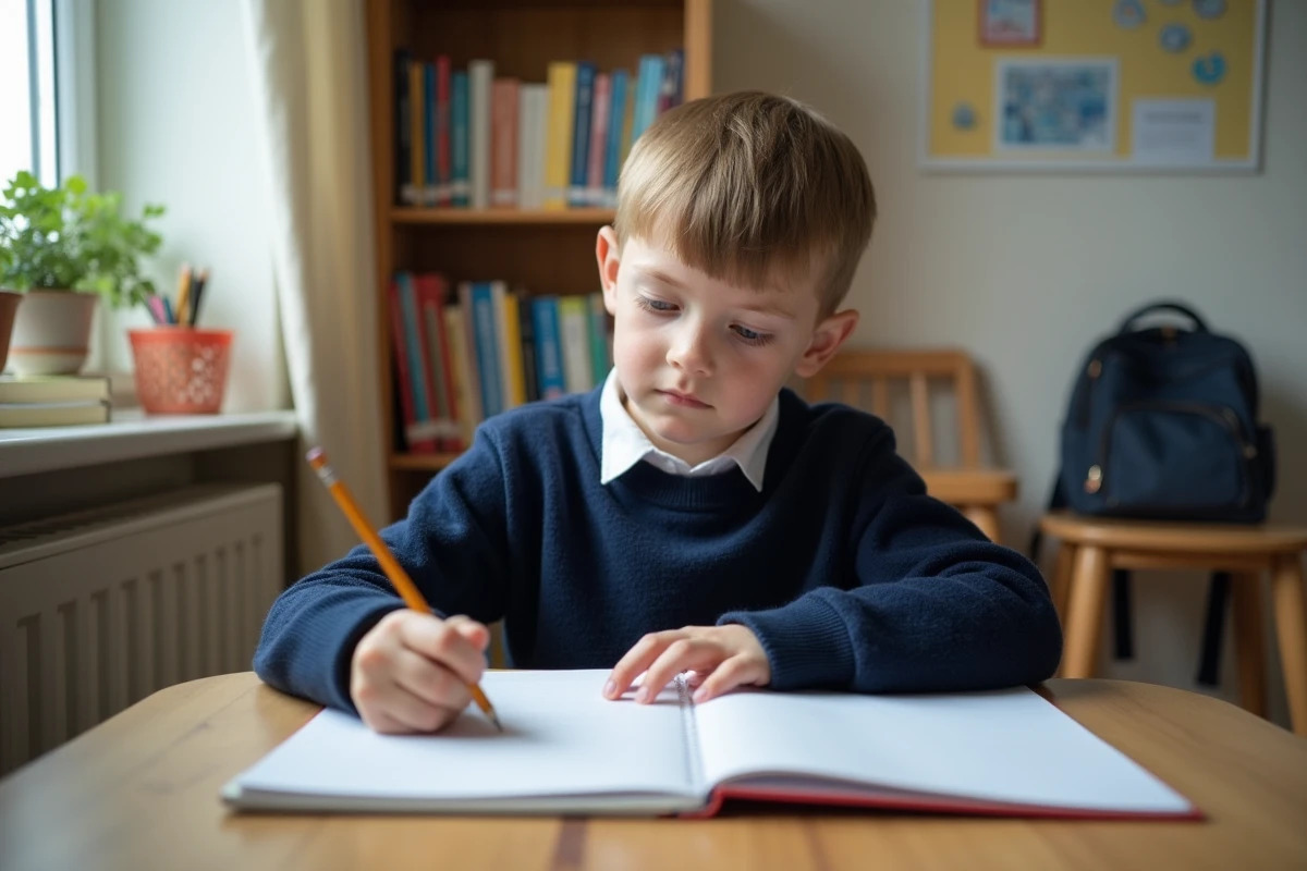 Écolier écrivant dans un cahier de texte papier à son bureau dans sa chambre, méthode traditionnelle de suivi scolaire