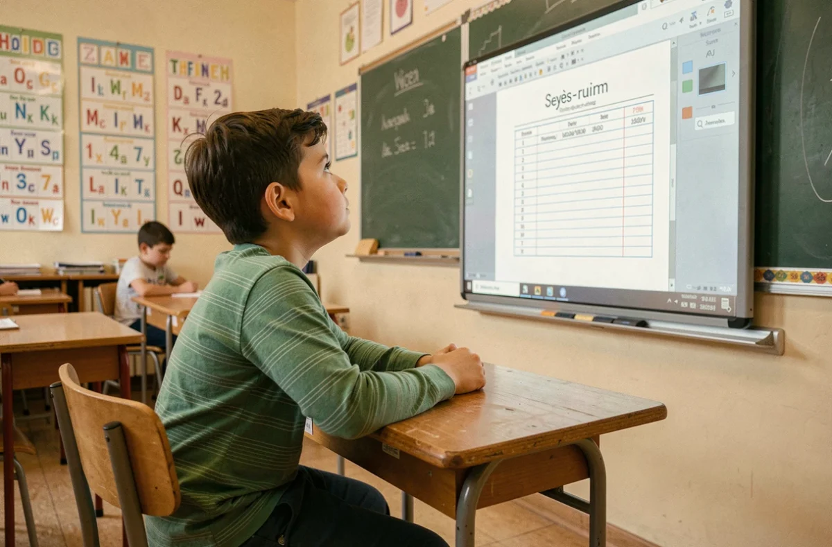Élève de primaire regardant des feuilles seyes affichées en PDF sur le tableau numérique interactif en salle de classe