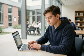 Élève-ingénieur masculin naviguant sur l'ENT de Centrale Marseille depuis son laptop dans une salle de cours moderne