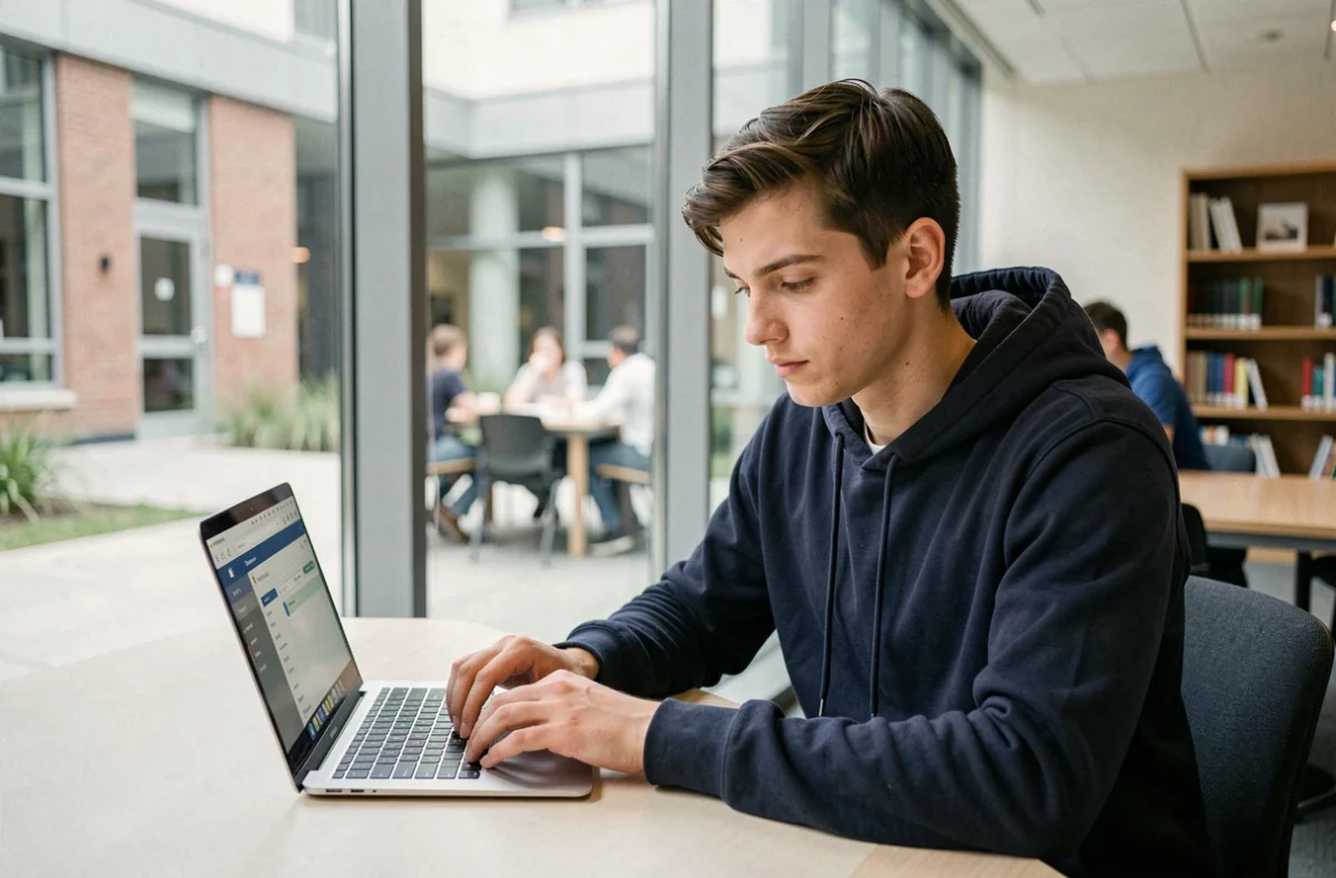 Élève-ingénieur masculin naviguant sur l'ENT de Centrale Marseille depuis son laptop dans une salle de cours moderne