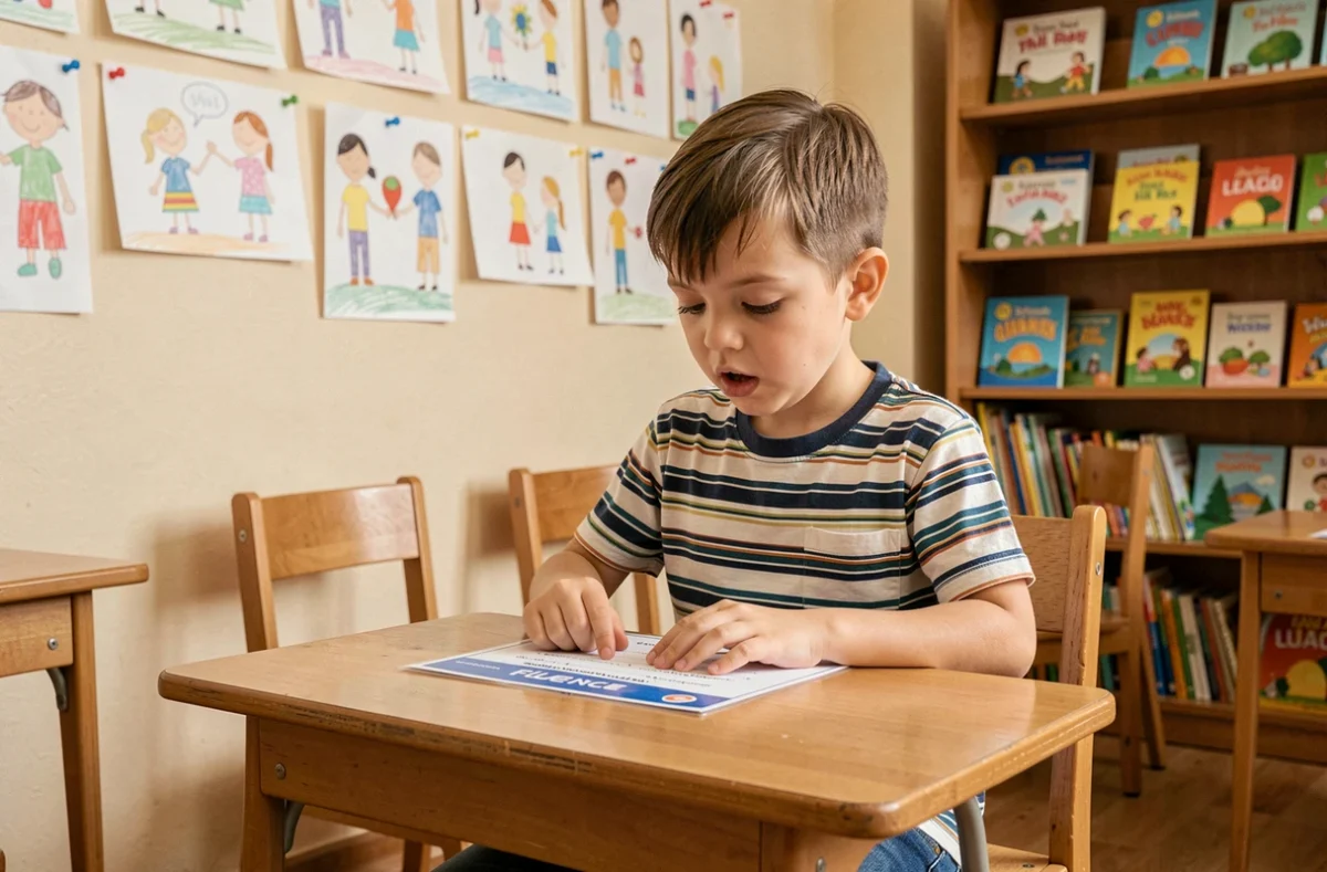 Jeune élève de CE1 lisant un texte Fluence à voix haute à son bureau en classe