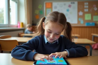 Jeune élève de primaire utilisant une tablette numérique Entaix en classe avec une expression concentrée