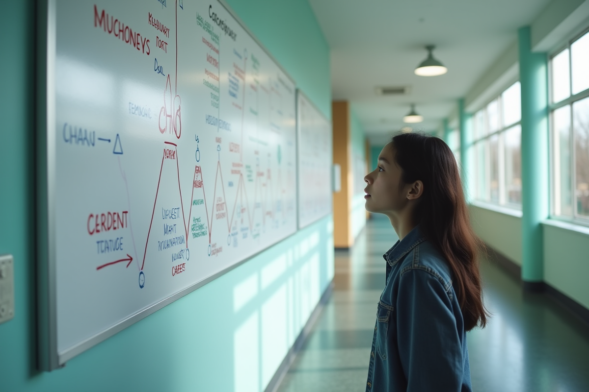 Etudiant regardant un tableau de carrière dans un couloir lumineux