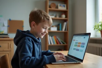 Élève de 6e utilisant le Cybercollège sur un ordinateur portable dans sa chambre