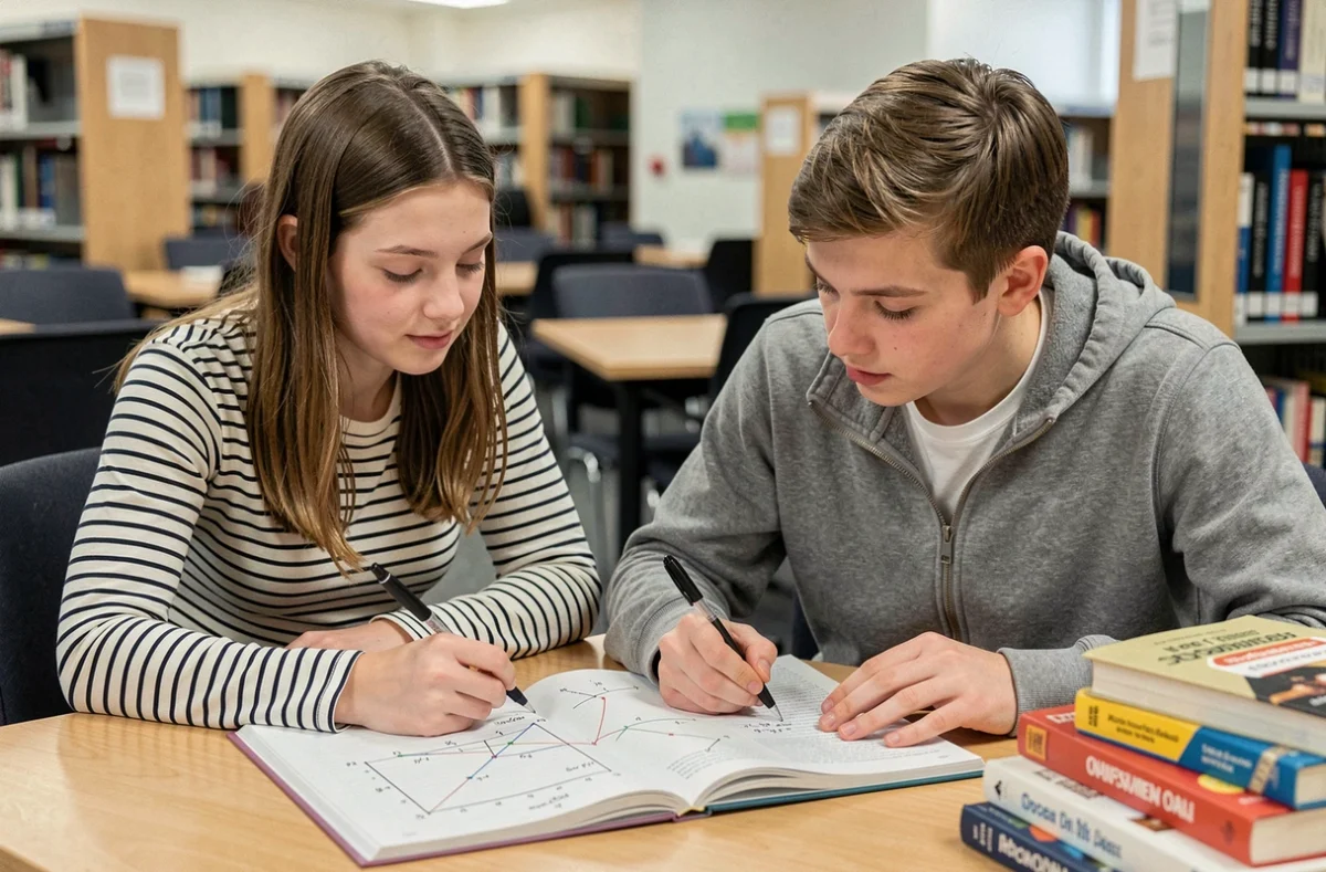 Deux lycéens qui travaillent ensemble sur des exercices de vecteurs dans une bibliothèque scolaire