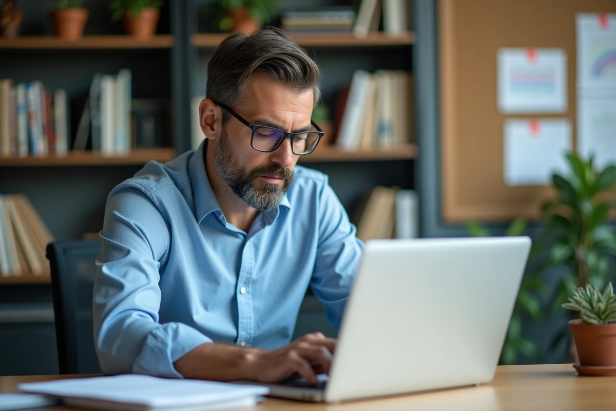 Professeur homme concentré sur son ordinateur dans un bureau universitaire