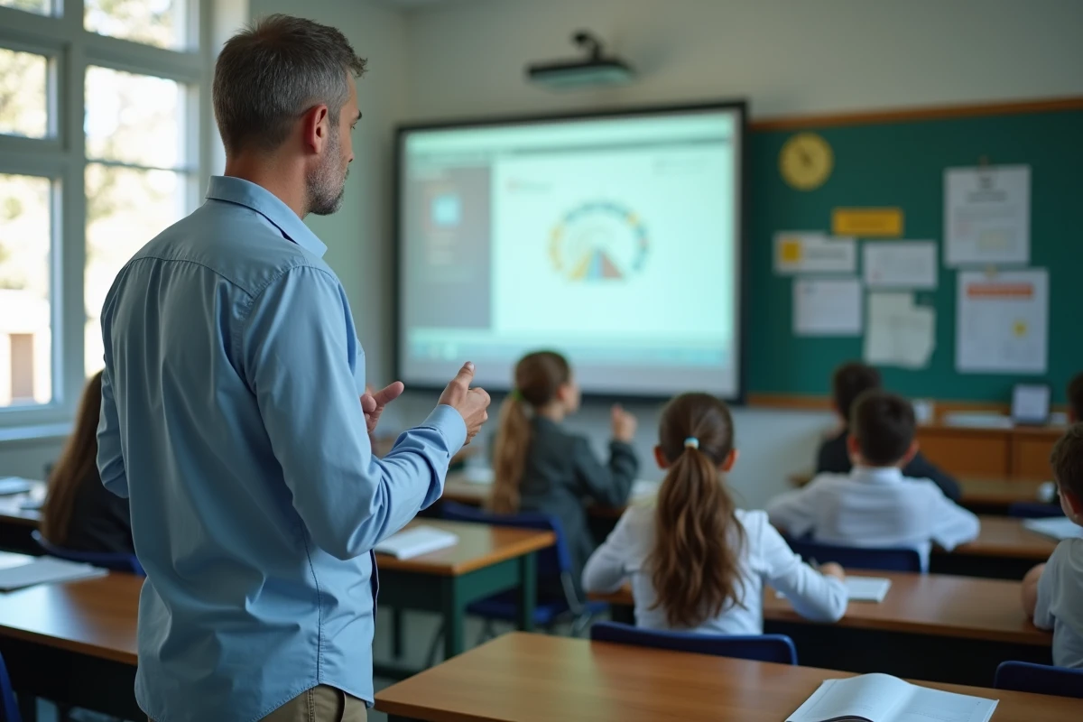 Un enseignant présentant le fonctionnement du portail ENT Normandie à ses élèves en salle de classe