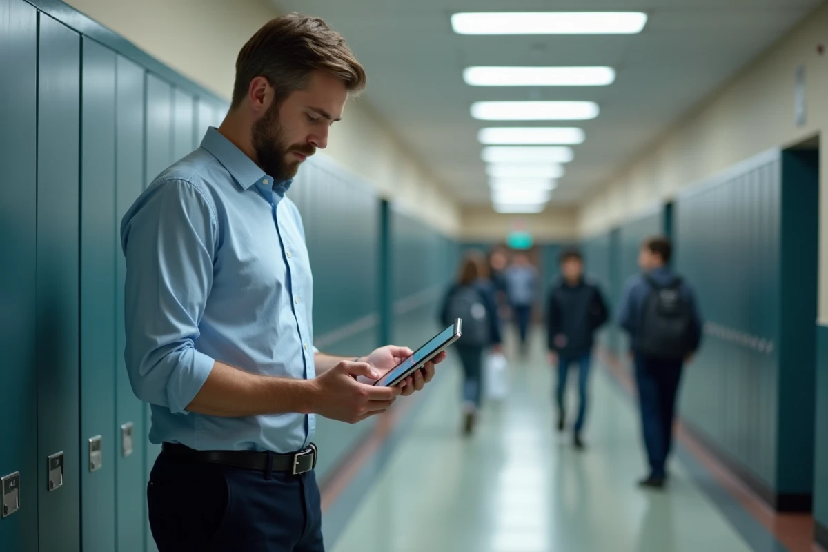 Enseignant consultant l'application de messagerie scolaire Edu Normandie sur une tablette dans un couloir d'école