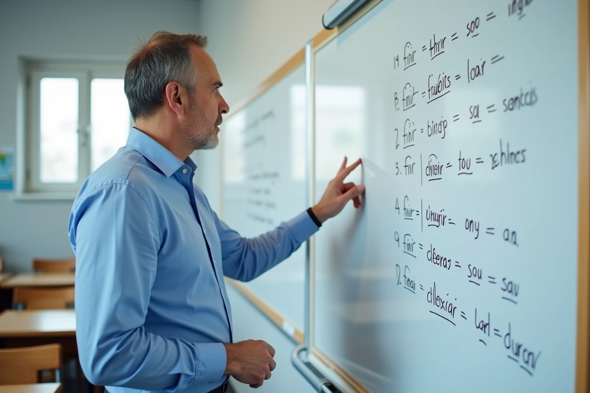 Enseignant expliquant la conjugaison des verbes du 2ème groupe au tableau dans une salle de classe moderne