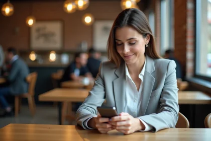 Enseignante consultant l'application IProf sur son smartphone depuis un café, accès mobile à l'espace personnel Versailles