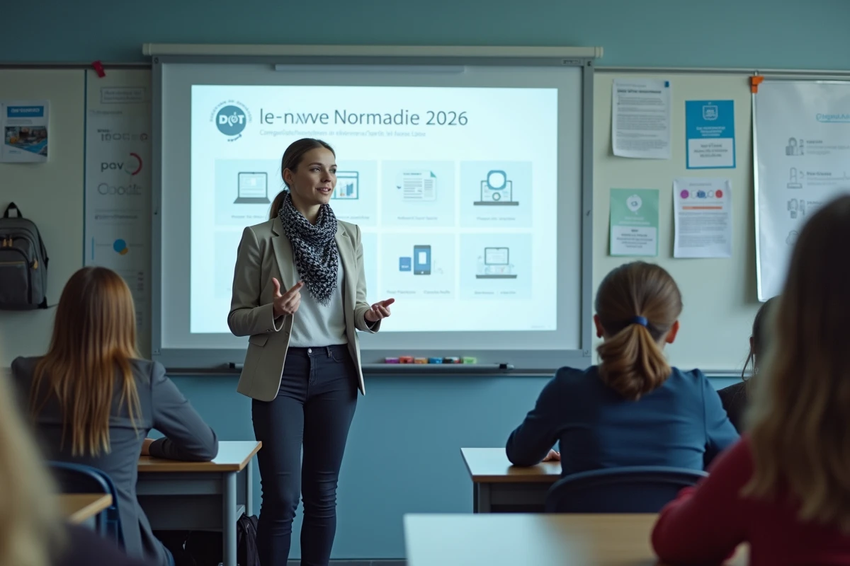 Professeure montrant le tableau interactif avec le portail ENT