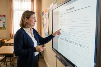 Enseignante devant un tableau numérique interactif affichant des feuilles seyes en PDF pour exercices d'écriture en classe primaire