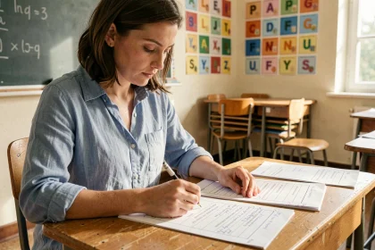 Enseignante de CE1-CE2 révisant des textes Fluence imprimés à son bureau dans une salle de classe colorée