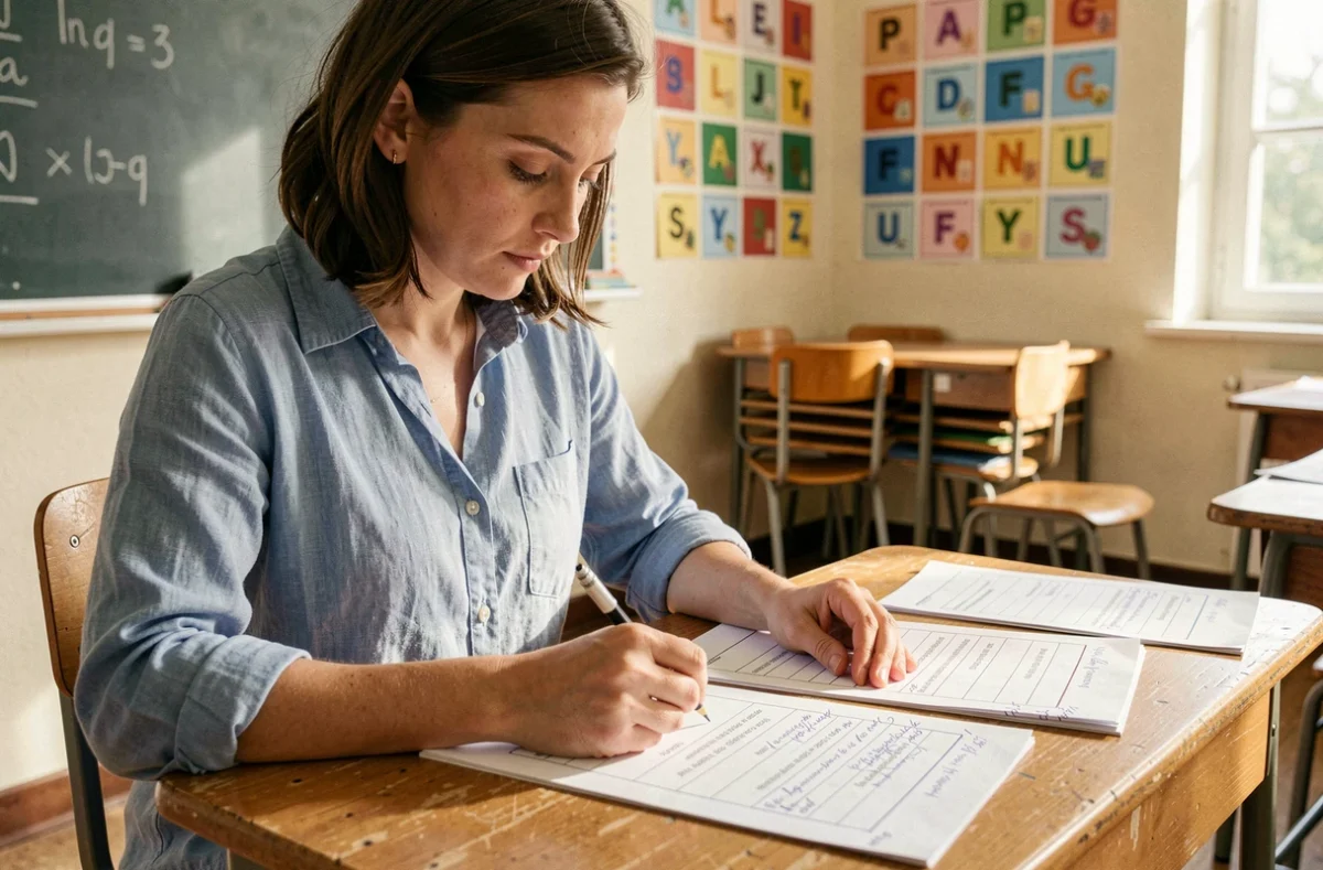 Enseignante de CE1-CE2 révisant des textes Fluence imprimés à son bureau dans une salle de classe colorée
