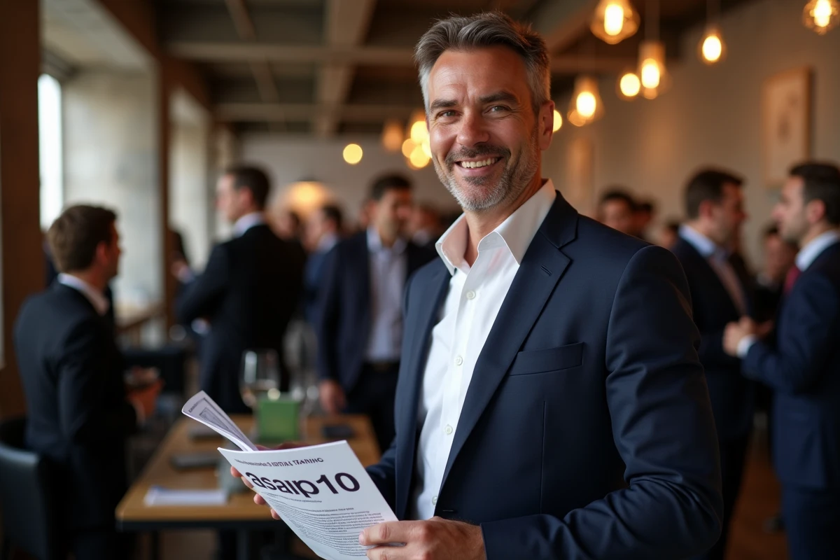Entrepreneur tenant une brochure tarifaire lors d'un cocktail networking de conférence professionnelle sur la formation digitale à Paris