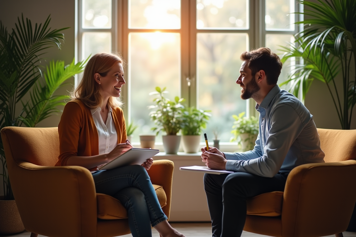 Séance de coaching individuel avec un coach et un client souriant