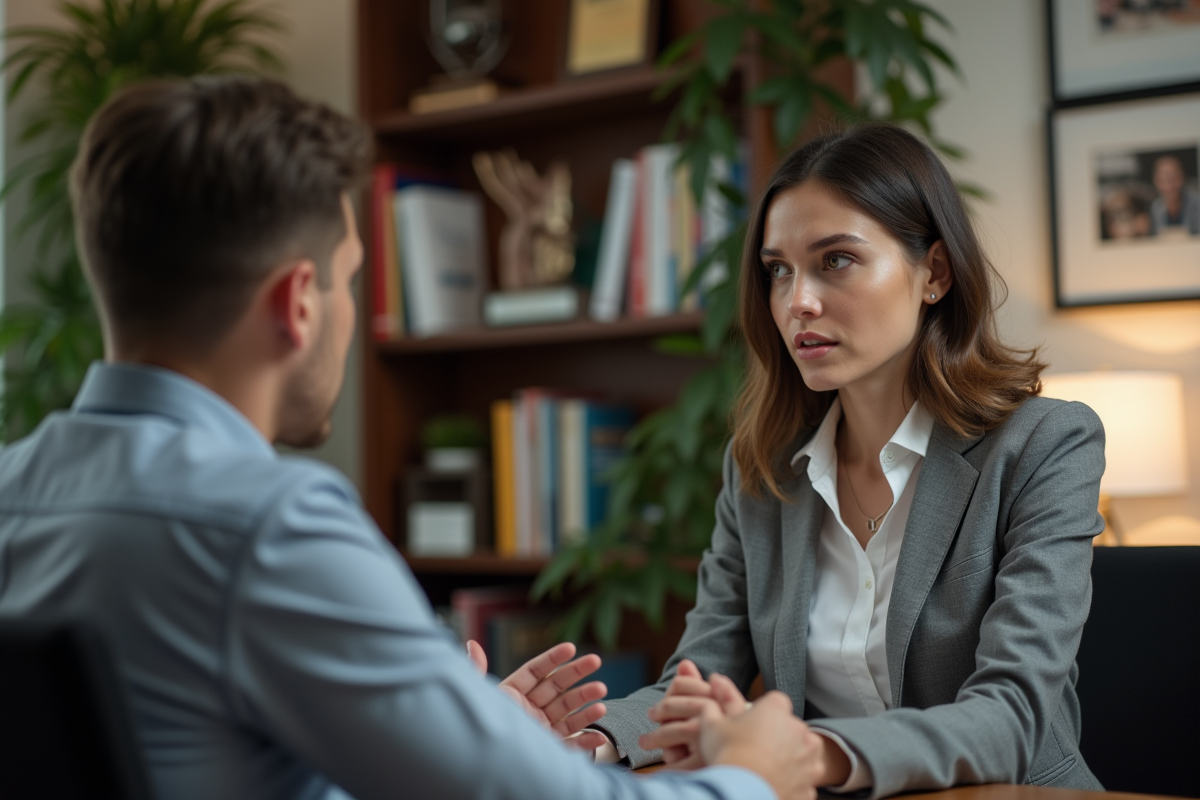Manager en entretien individuel avec un employe dans un bureau chaleureux
