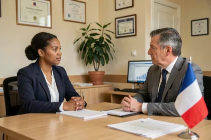 Une femme candidate à la naturalisation française en entretien officiel face à un agent administratif dans un bureau gouvernemental