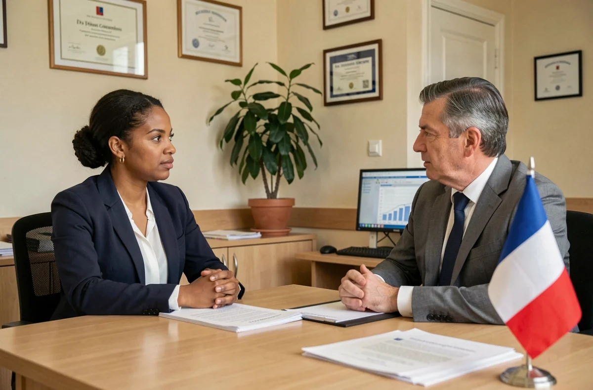 Une femme candidate à la naturalisation française en entretien officiel face à un agent administratif dans un bureau gouvernemental