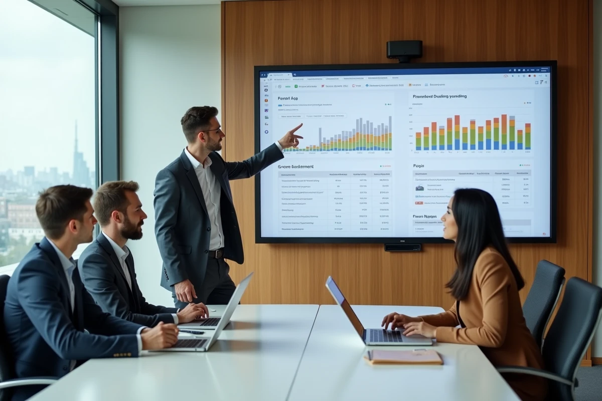 Équipe professionnelle en réunion autour d'un écran interactif présentant un extranet ESG avec indicateurs de durabilité