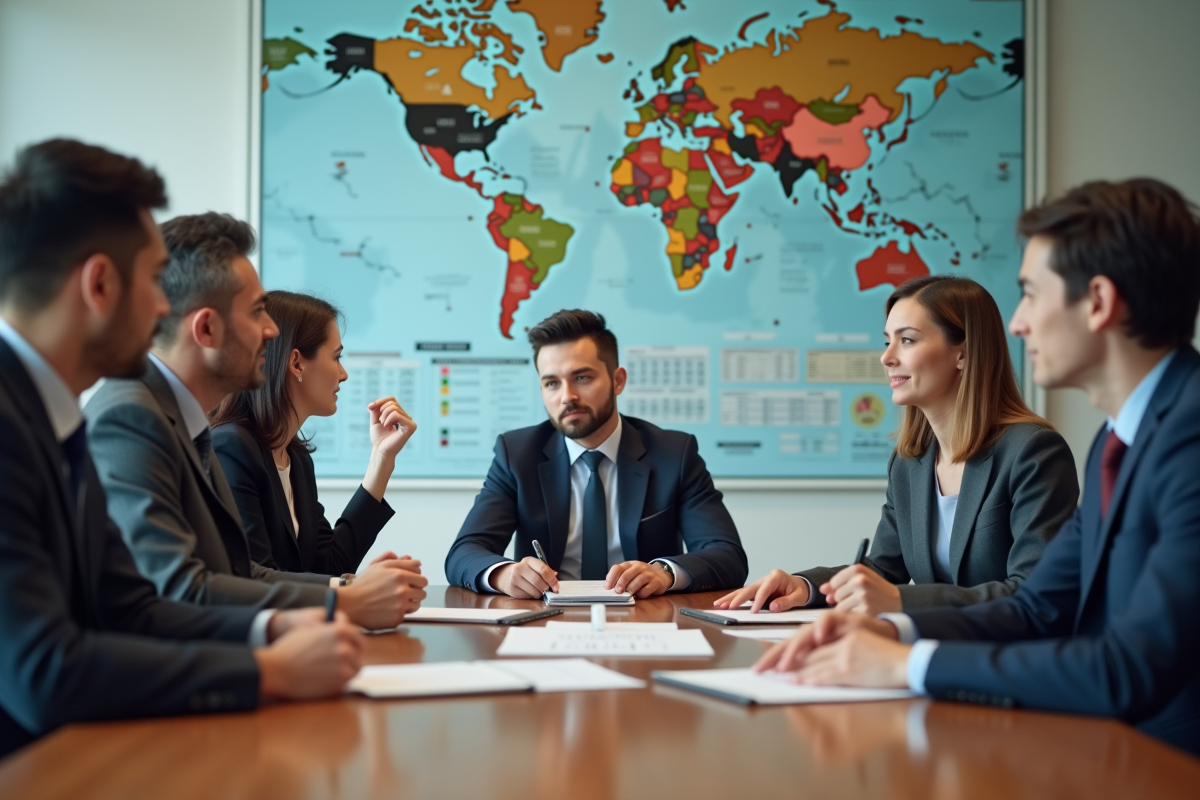 Groupe de professionnels en réunion avec cartes mondiales