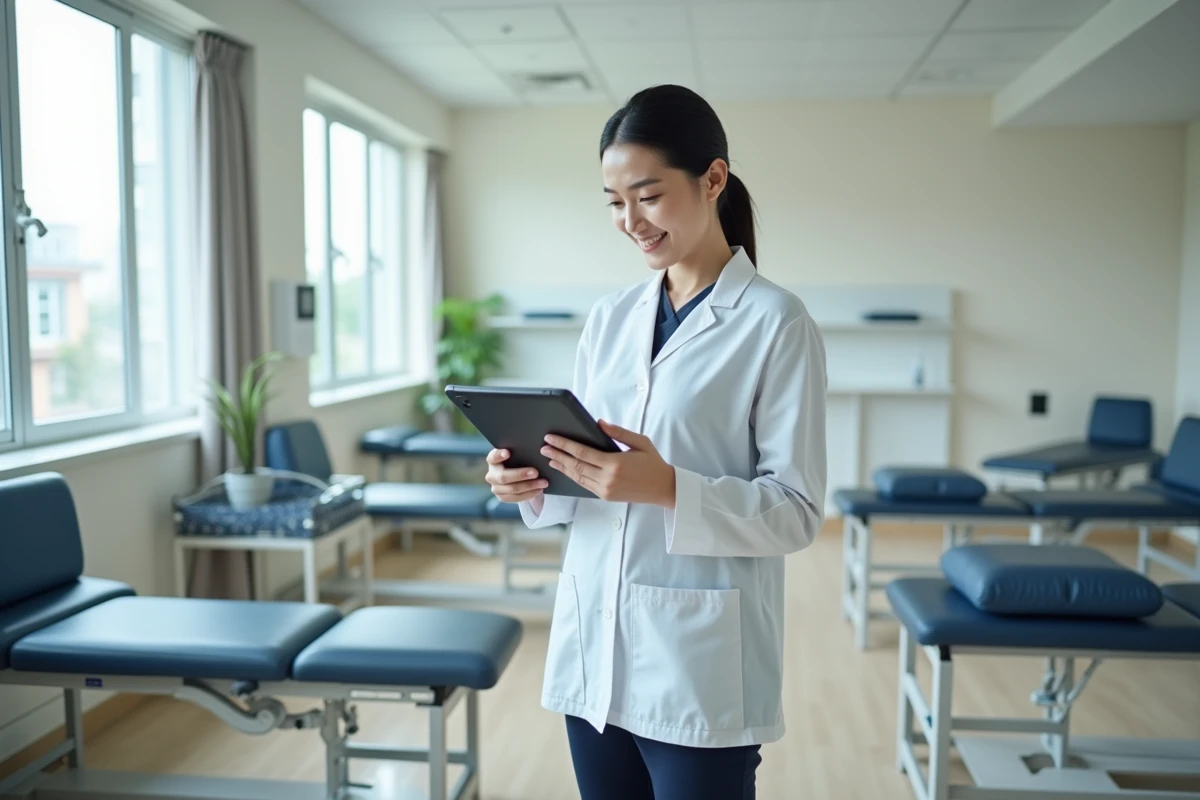 Ergothérapeute en formation consultant une application de financement CPF sur tablette dans une salle de rééducation