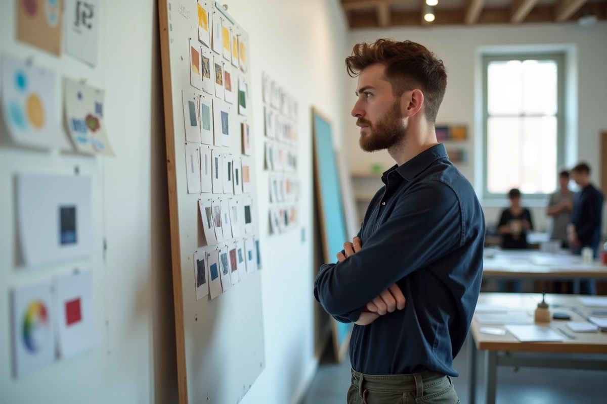 Étudiant analysant ses études de couleur affichées dans un atelier de préparation aux concours Gobelin