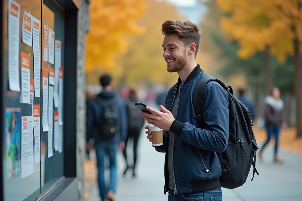 Étudiant souriant sur un campus universitaire regardant des bons plans étudiants sur son téléphone devant un tableau d'affichage coloré