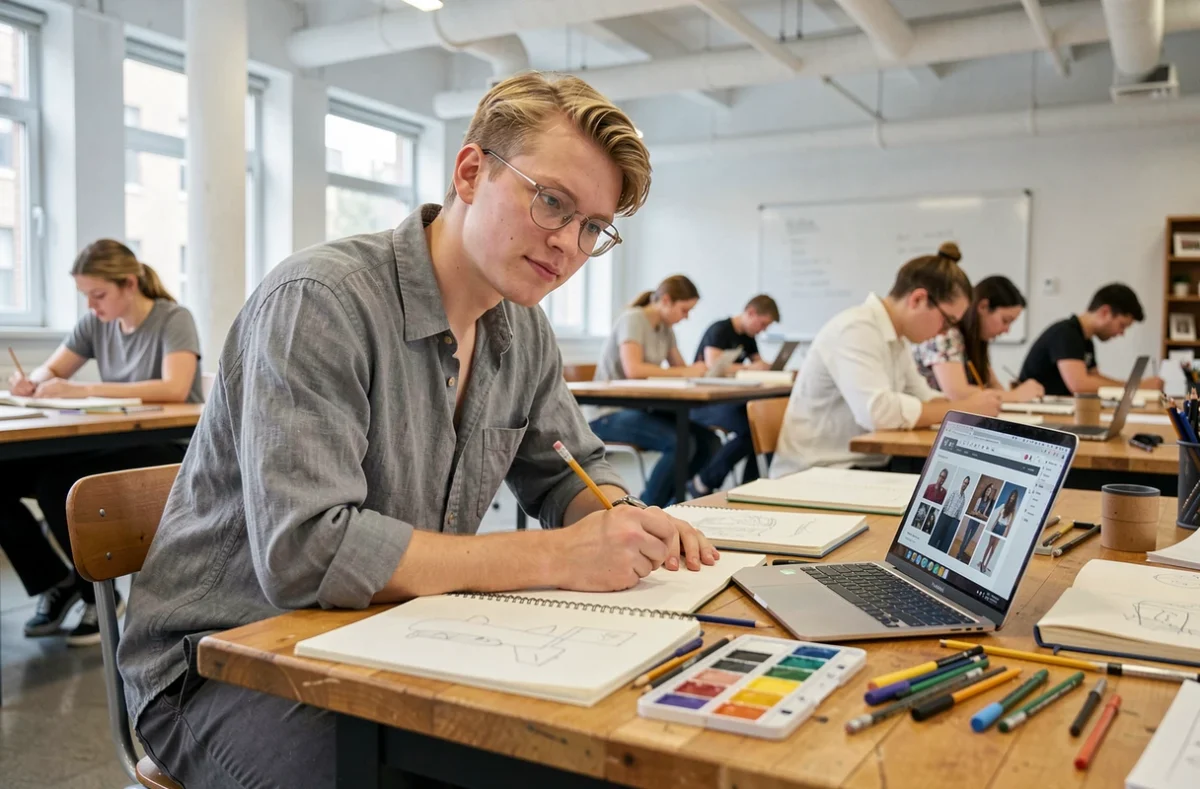 Étudiant en design assis à sa table de travail avec ses carnets de croquis et outils dans une salle de cours à Paris