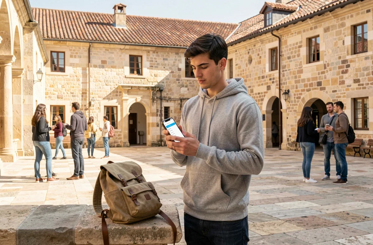 Étudiant consultant l'ENT AMU sur son smartphone dans la cour d'un campus d'Aix-Marseille
