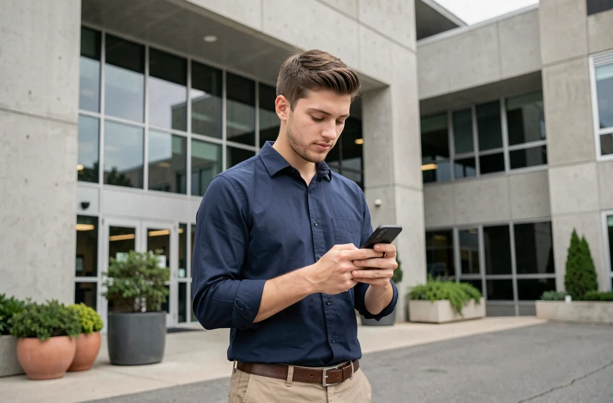 Étudiant consultant son emploi du temps ESME sur smartphone devant le campus universitaire