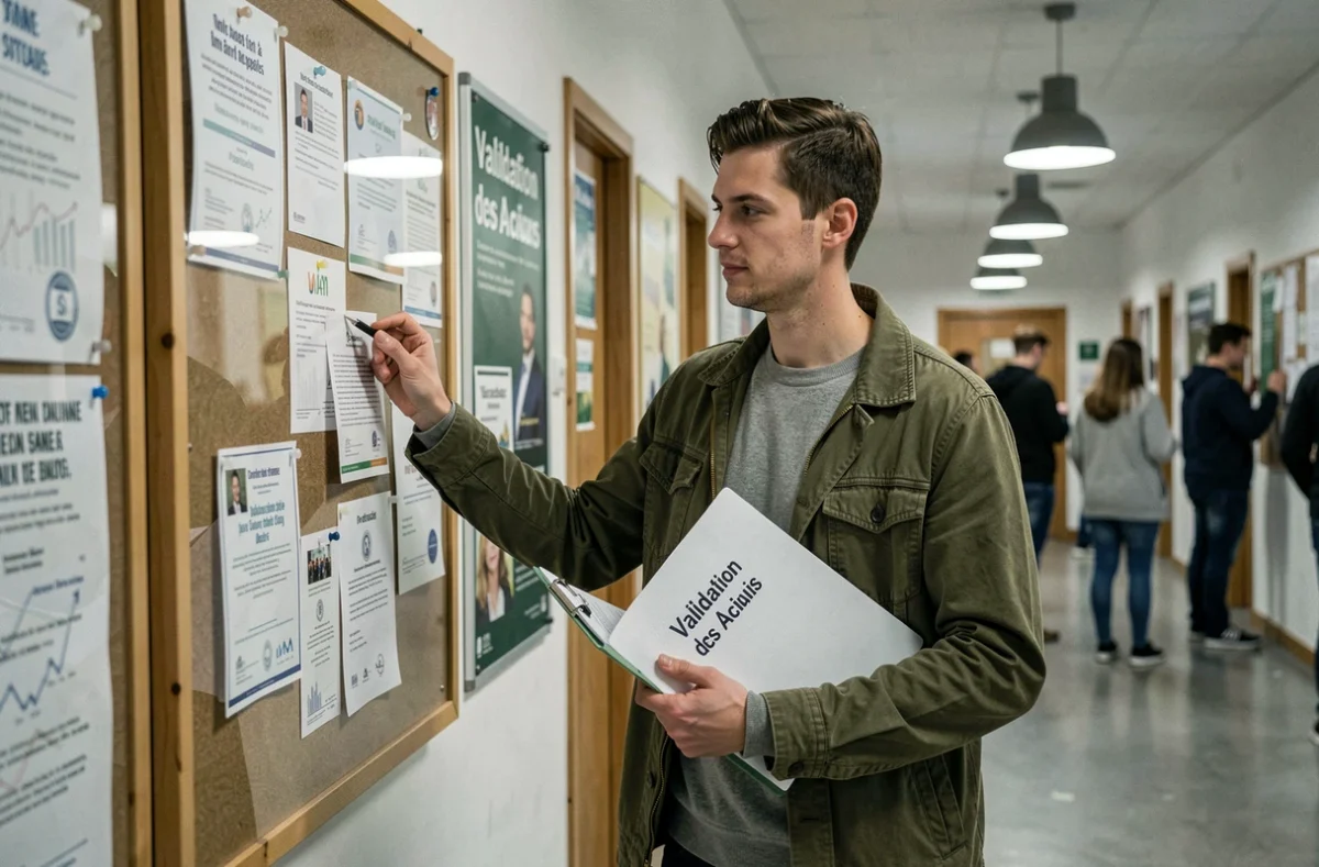 Un jeune homme dans un couloir d'école professionnelle consulte des documents de certification et de validation des acquis