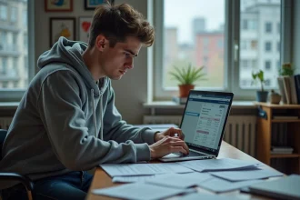Étudiant inquiet comparant des brochures de frais de scolarité Gaming Campus avec des factures sur son bureau