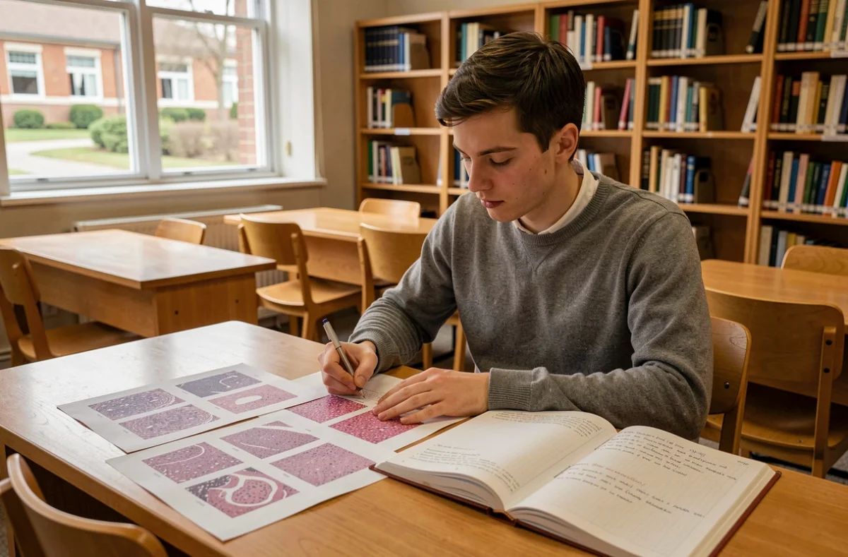 Étudiant en histologie révisant des coupes tissulaires longitudinales et transversales dans une bibliothèque universitaire