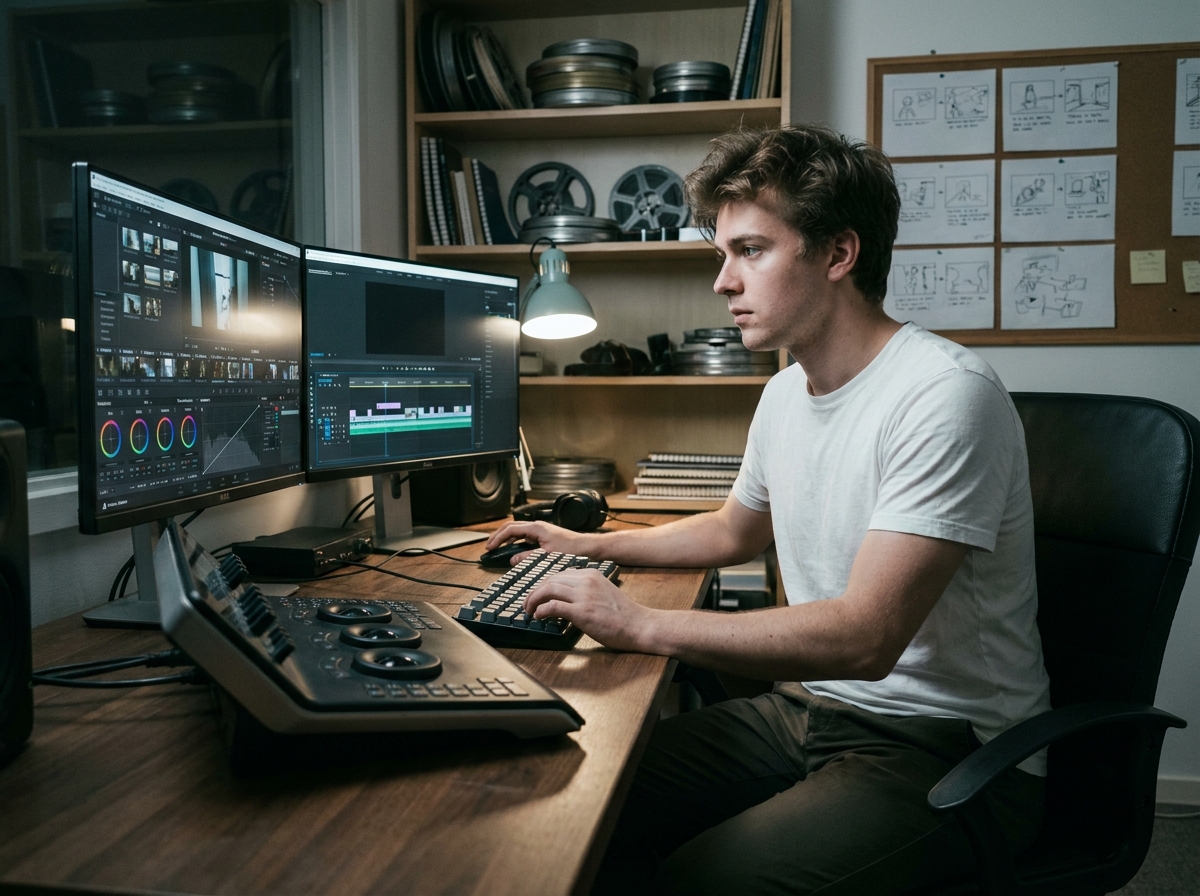 Jeune étudiant en montage vidéo dans une salle de post-production après une formation cinéma post-bac