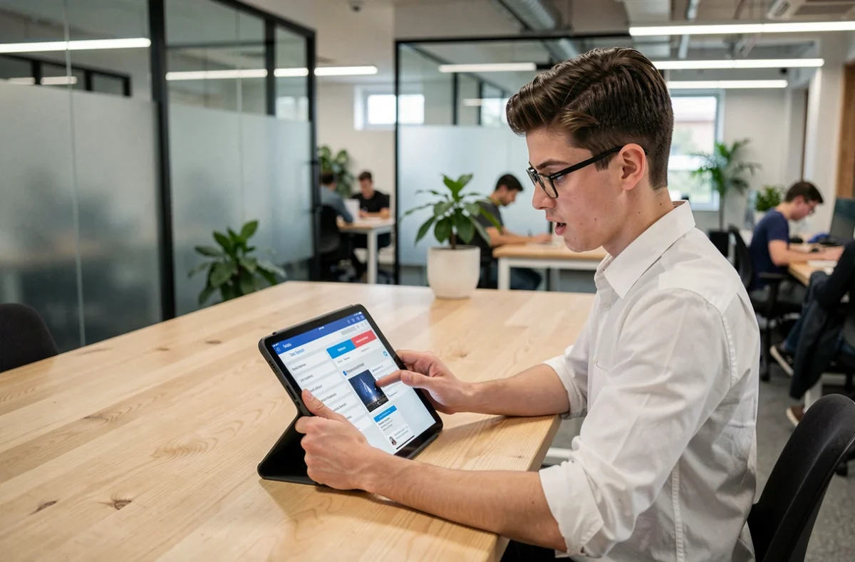 Étudiant en ingénierie découvrant des fonctionnalités méconnues de My Digital Campus ESME sur une tablette dans un espace coworking universitaire
