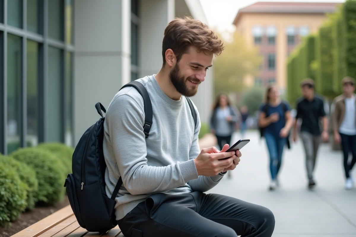 Étudiant de l'UBS consultant le portail ENT sur son smartphone sur le campus de l'Université Bretagne Sud