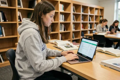 Étudiante consultant la plateforme Alcuin ESME sur son ordinateur portable dans une bibliothèque universitaire moderne