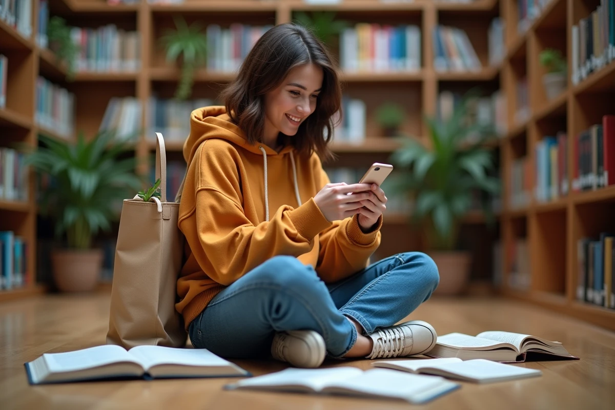 Étudiante assise dans une bibliothèque universitaire consultant une application de shopping étudiant sur son smartphone entourée de manuels scolaires